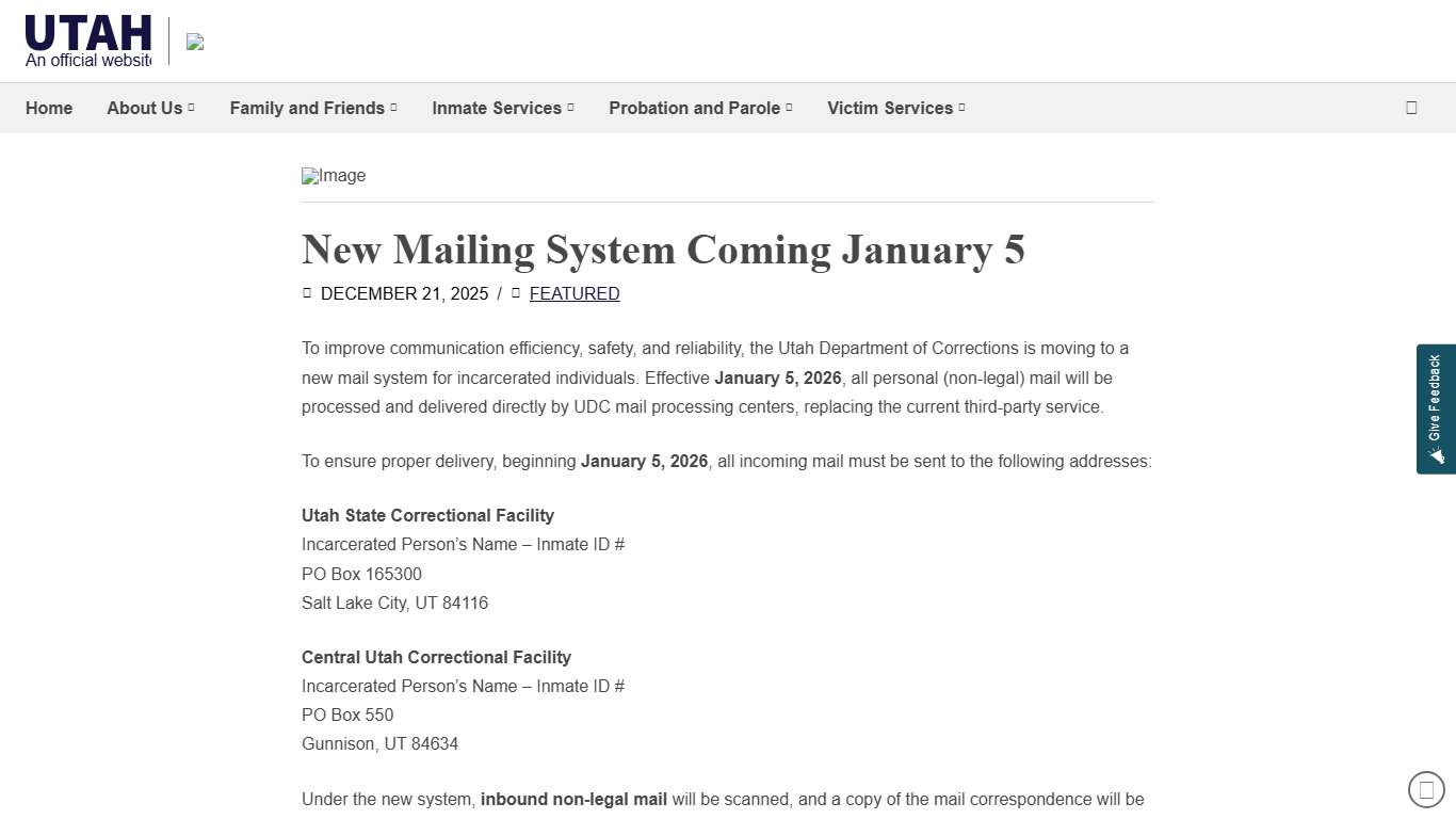 New Mailing System Coming January 5 UDC – Corrections